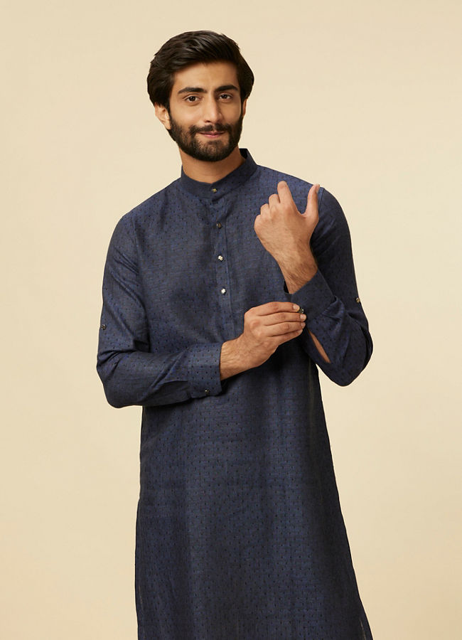 Manyawar Dark Blue Self Patterned Kurta