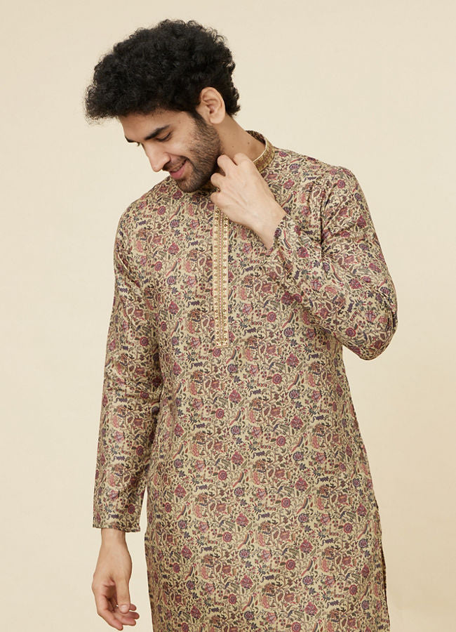 Manyawar Biscuit Beige Botanical Printed Kurta Set