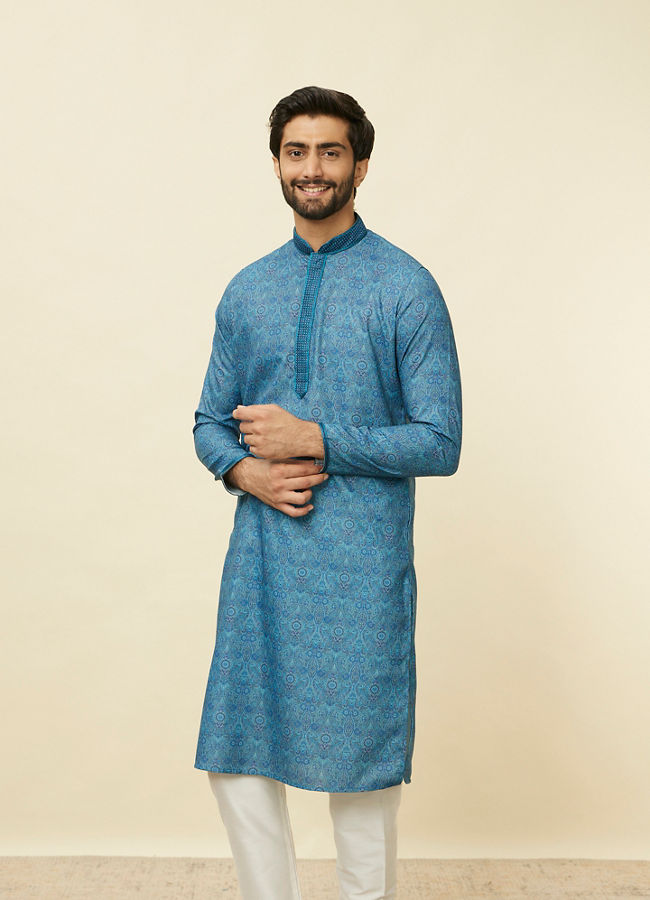 Manyawar Ocean Blue Multi Printed Kurta Set