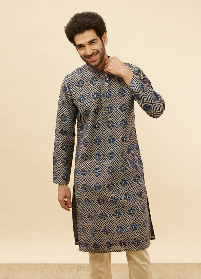 Manyawar Navy Blue Grid Printed Kurta Set