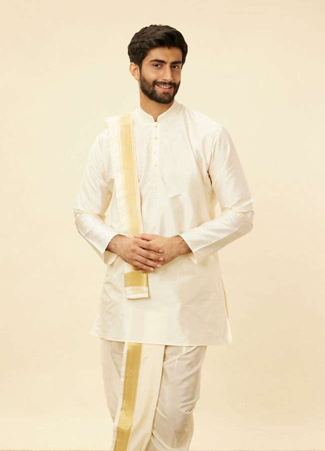 Manyawar Cream Beige Self Patterned Kurta Set - India shopping