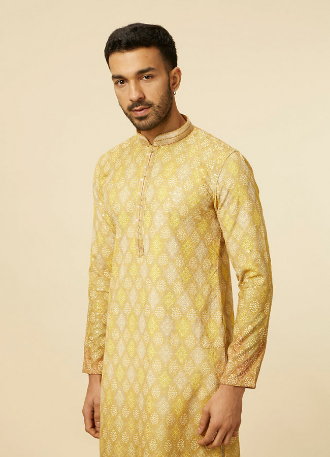 Manyawar Mustard Gold Chikankari Print Kurta Set