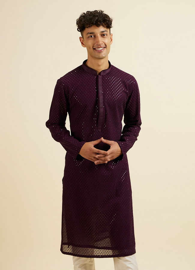 Manyawar Purple Self Patterned Mirror Work Kurta Set