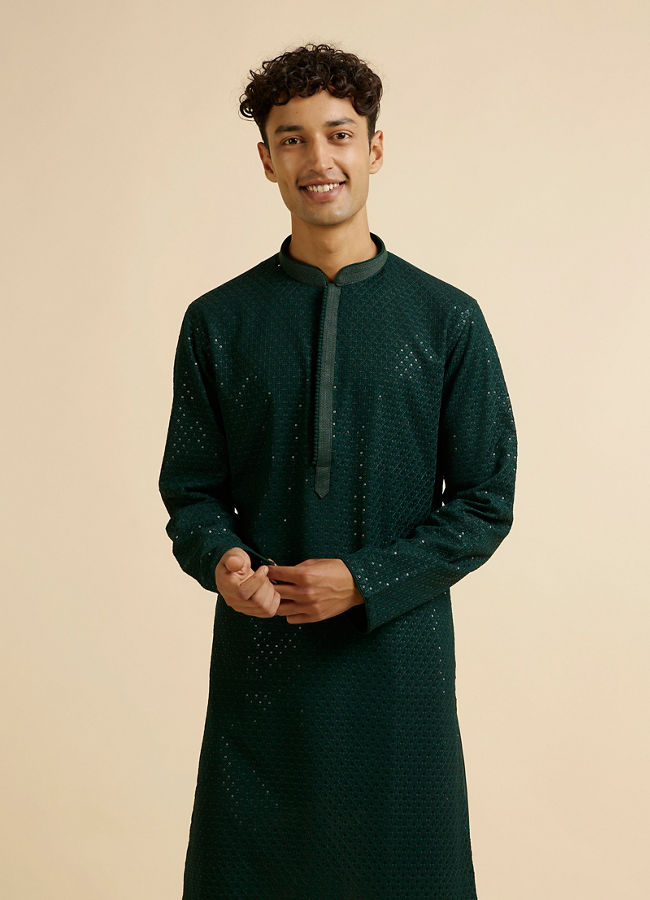 Manyawar Dark Green Self Patterned Mirror Work Kurta Set