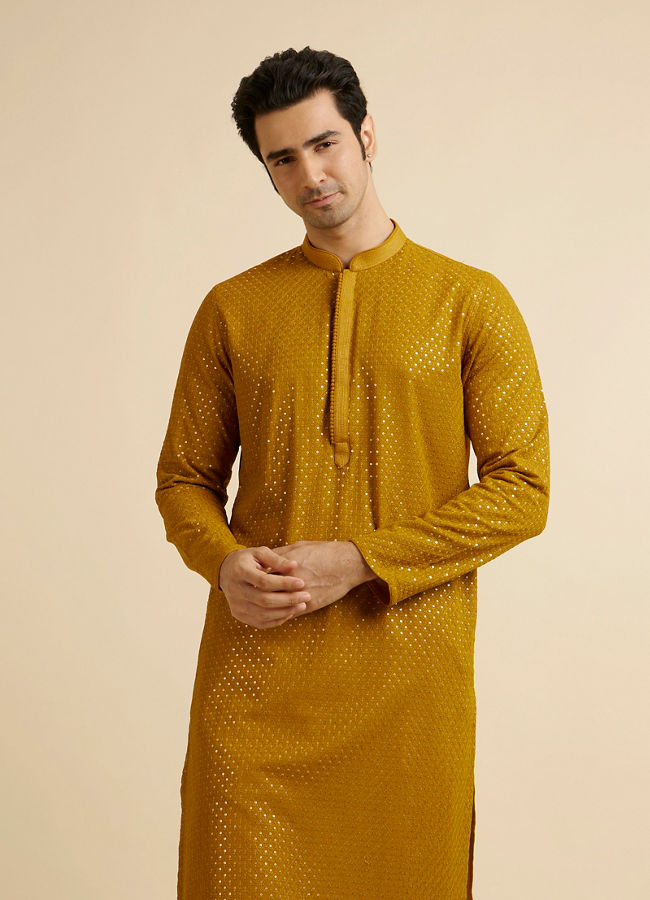 Manyawar Mustard Self Patterned Mirror Work Kurta Set