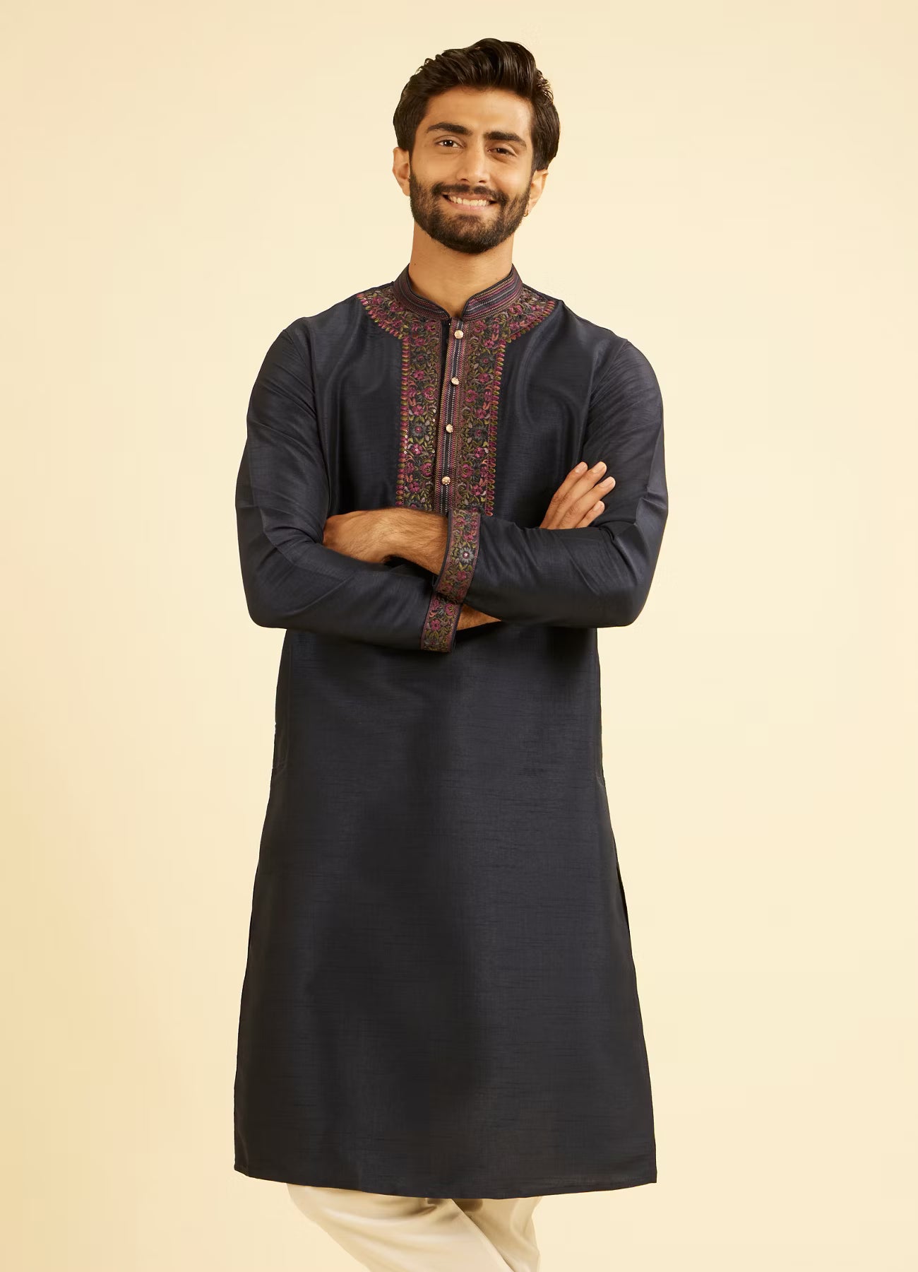Manyavar Midnight Blue Plain Classic Kurta Set with Neckline | Ready To Wear