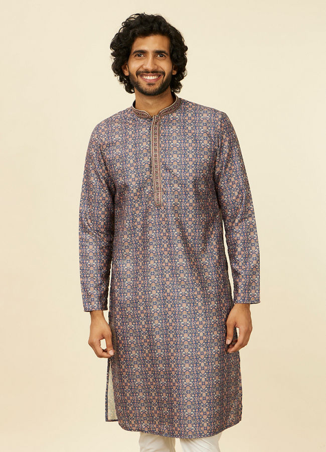 Manyawar Dark Blue Buta Patterned Kurta Set