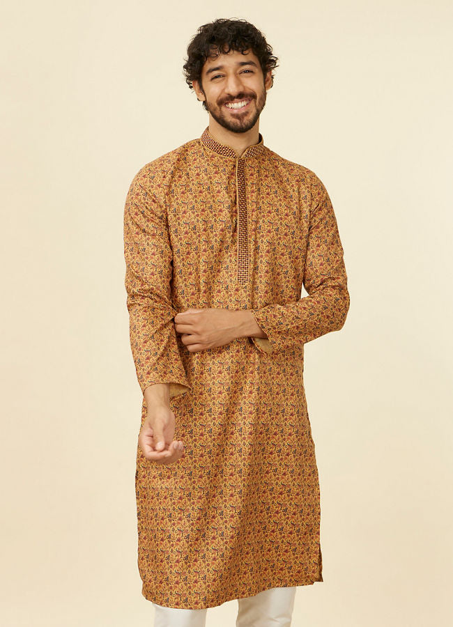 Manyawar Mustard Yellow Jaal Patterned Kurta Set