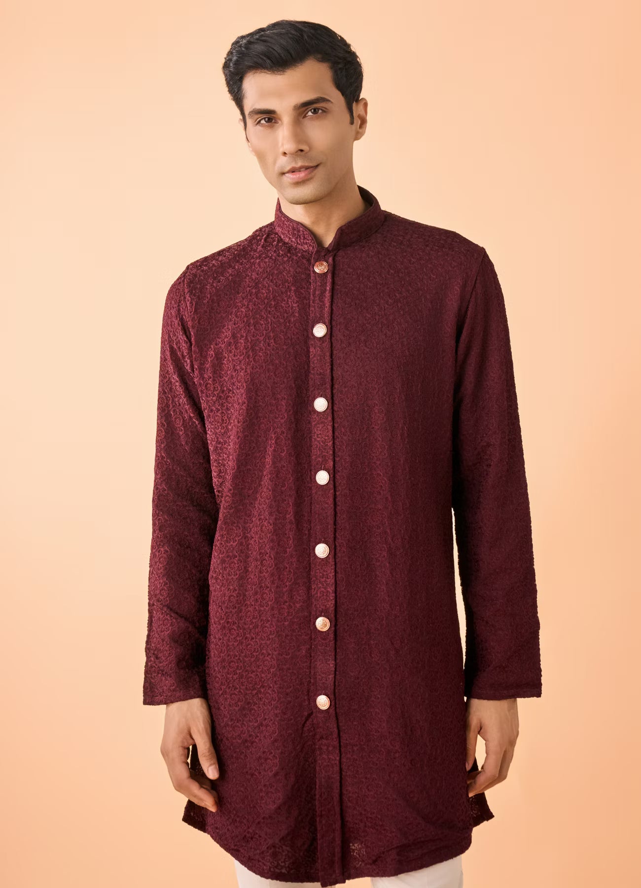 Manyavar Intricate Maroon Kurta Pajama Set | Ready To Wear