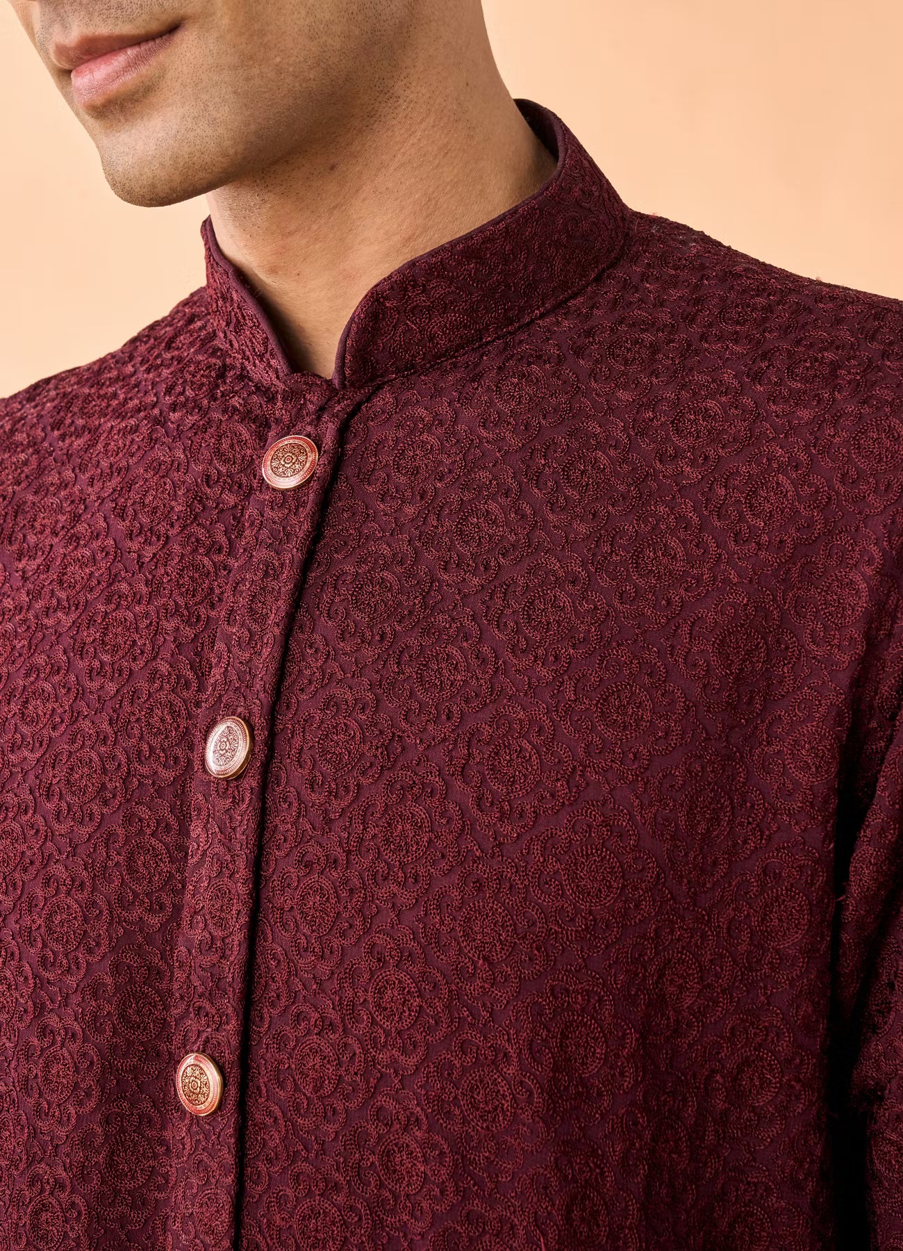 Manyavar Intricate Maroon Kurta Pajama Set | Ready To Wear