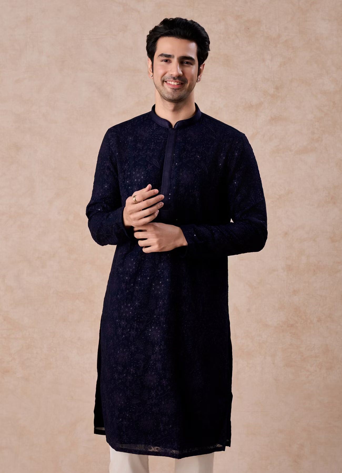 Manyavar Dark Blue Georgette Kurta Pajama | Ready To Wear