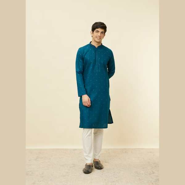 Manyawar Sapphire Blue Checkered Kurta Set