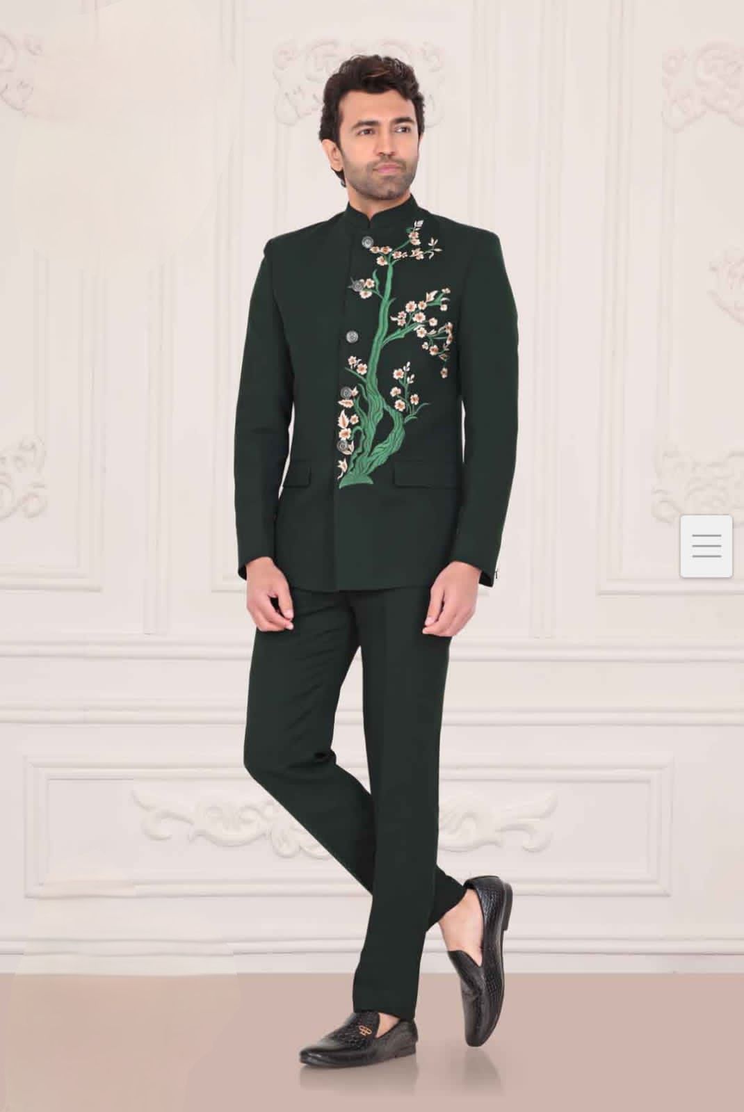 Dark Green Suit with Floral Design | Made To Order | Customization Available