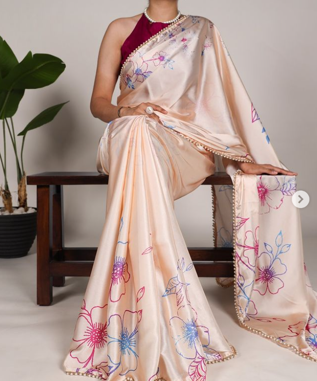 Pearl-Edged Floral Satin Saree