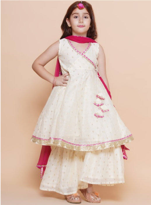 Girls Woven Design Angrakha Gotta Patti Kurta with Sharara & Dupatta