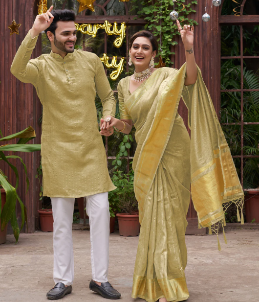 Bansri Gold Lemon Yellow Couple Set Saree and Kurta | Ready To Wear