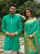 Hunny Bunny Teal Couple Dress Orgenza Silk Saree & Kurta | Ready To Wear