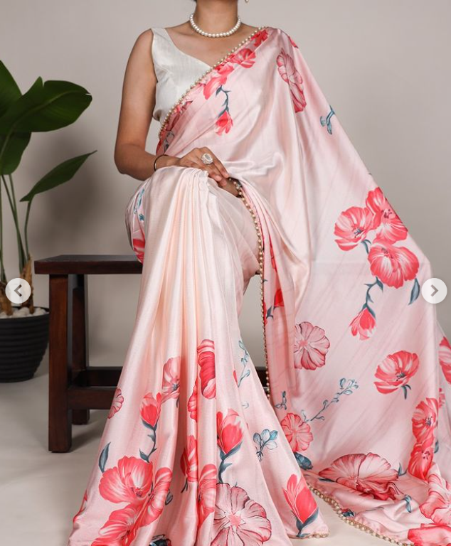 Pearl-Edged Floral Satin Saree