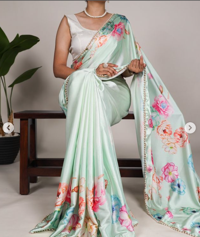 Pearl-Edged Floral Satin Saree