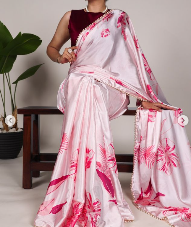 Pearl-Edged Floral Satin Saree