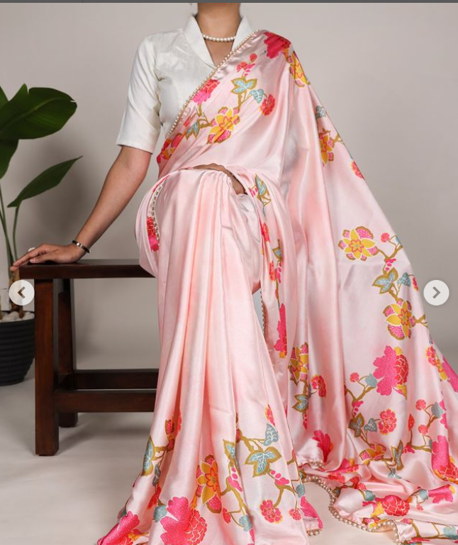 Pearl-Edged Floral Satin Saree