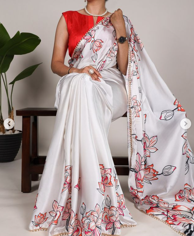 Pearl-Edged Floral Satin Saree