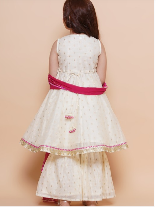 Girls Woven Design Angrakha Gotta Patti Kurta with Sharara & Dupatta