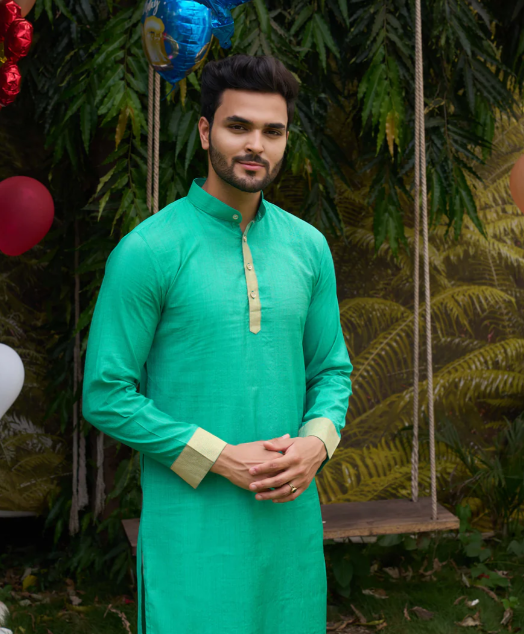 Hunny Bunny Teal Couple Dress Orgenza Silk Saree & Kurta | Ready To Wear