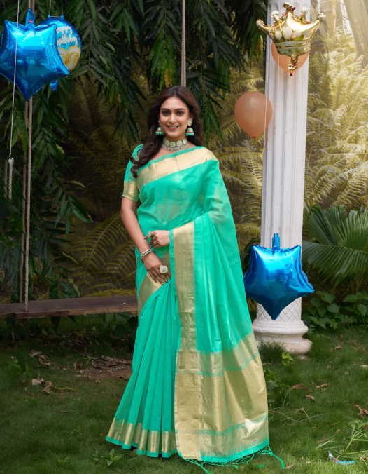 Hunny Bunny Teal Couple Dress Orgenza Silk Saree & Kurta | Ready To Wear