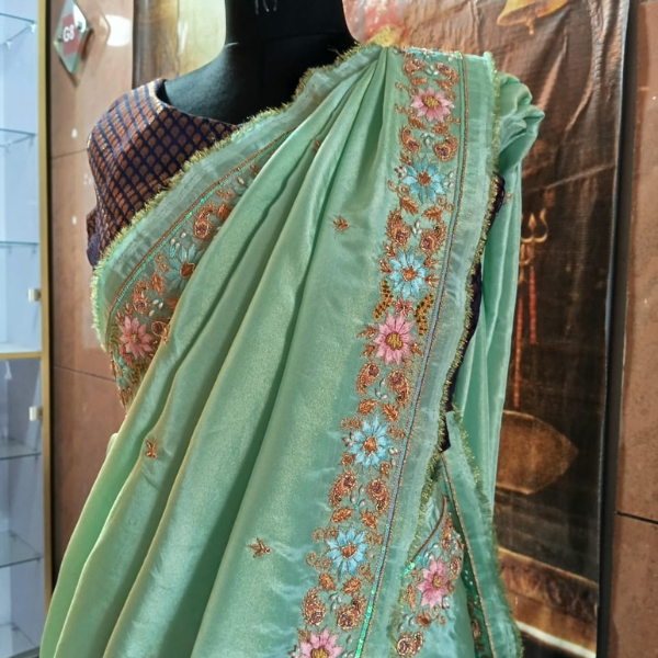 Sea Green Tissue Saree: Custom Handmade Resham & Pearl Embroidery