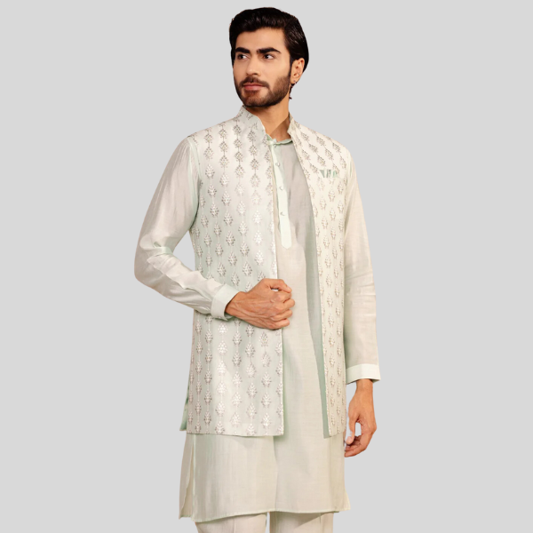 Sky Blue Long Jodhpuri Jacket with Kurta Pajama