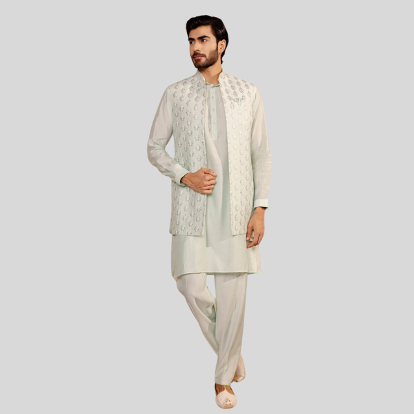 Sky Blue Long Jodhpuri Jacket with Kurta Pajama