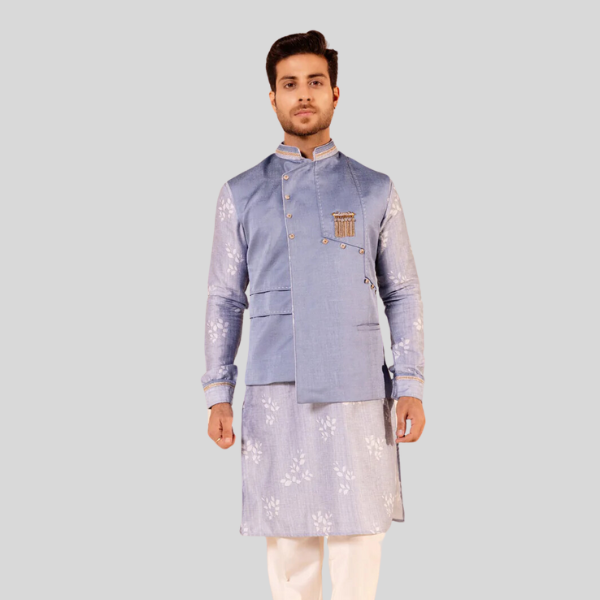 Sky Blue Plain Jodhpuri Jacket With Kurta Pajama Set