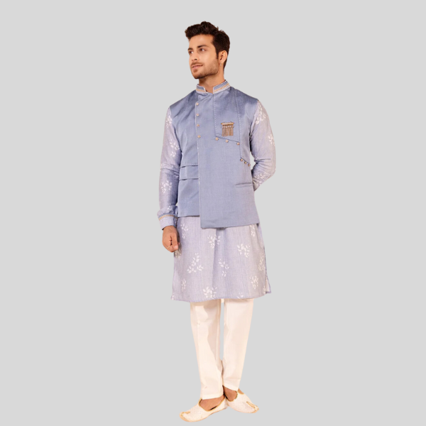 Sky Blue Plain Jodhpuri Jacket With Kurta Pajama Set