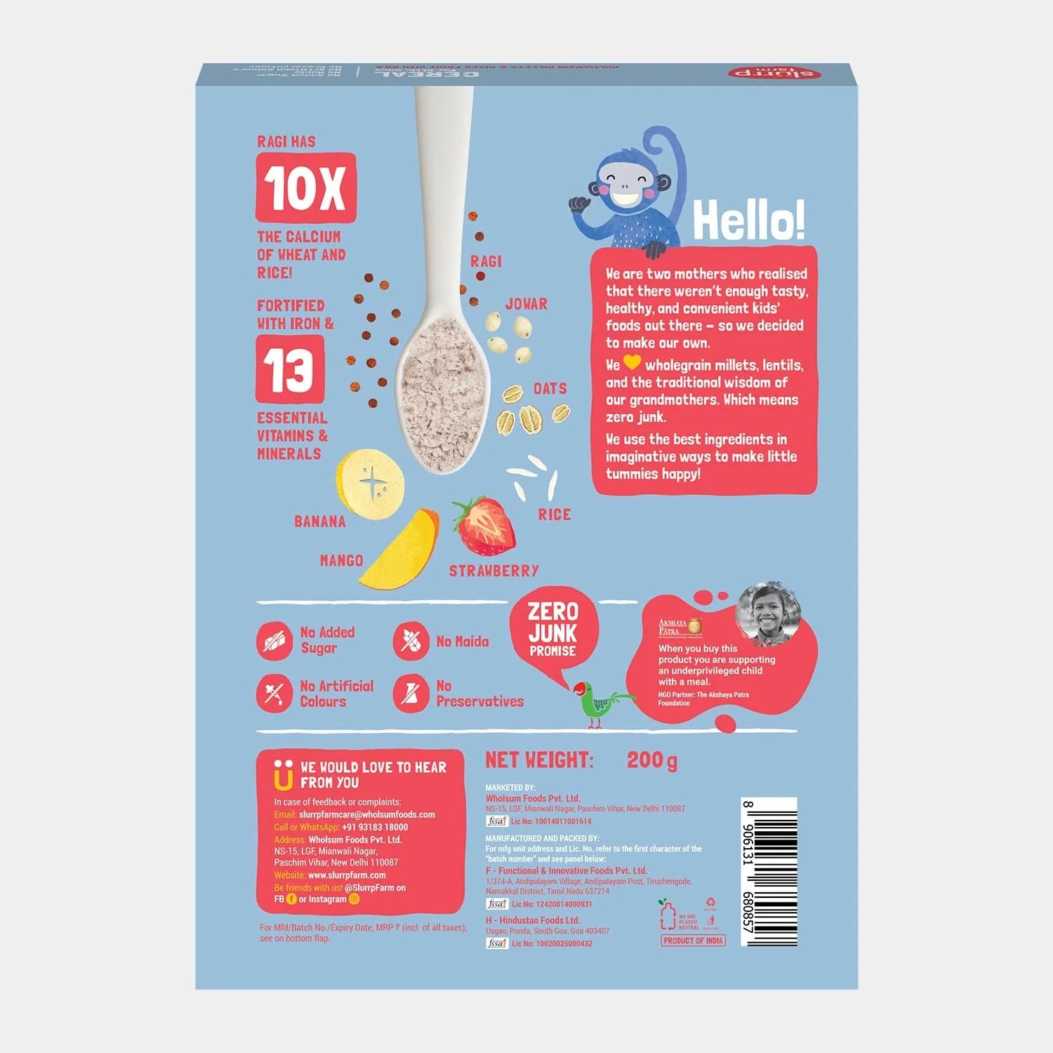 Slurrp Farm Multigrain Millets & Mixed Fruit Baby Cereal With Milk| 200 gms