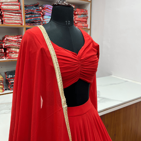 Soft fox georgette lehenga choli set with fancy blouse and dupatta, fully-stitched and ready-to-wear.