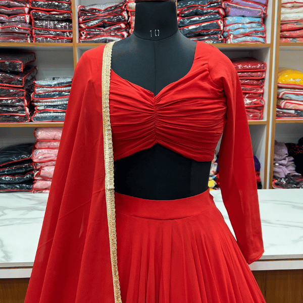 Soft fox georgette lehenga choli set with fancy blouse and dupatta, fully-stitched and ready-to-wear.