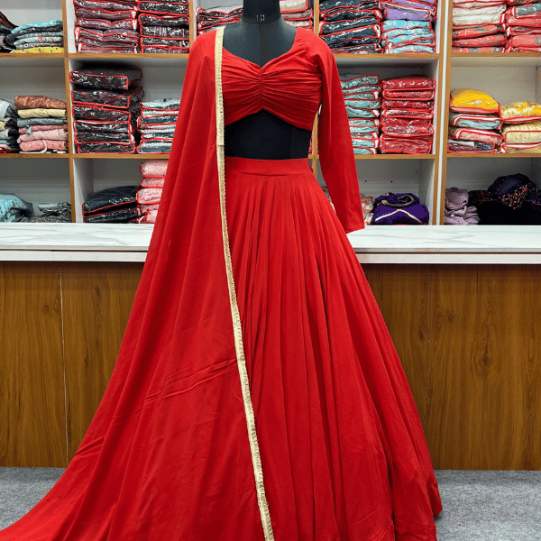 Soft fox georgette lehenga choli set with fancy blouse and dupatta, fully-stitched and ready-to-wear.