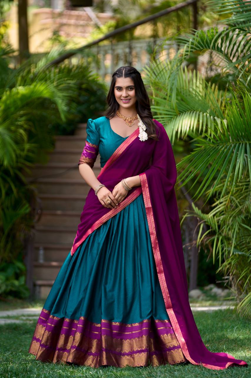 South Style Poly Cotton Half Saree style Leheng with Elegant Georgette Dupatta