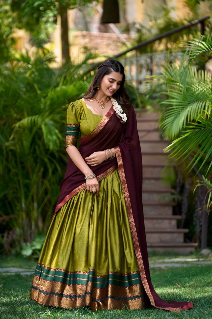 South Style Poly Cotton Half Saree style Leheng with Elegant Georgette Dupatta