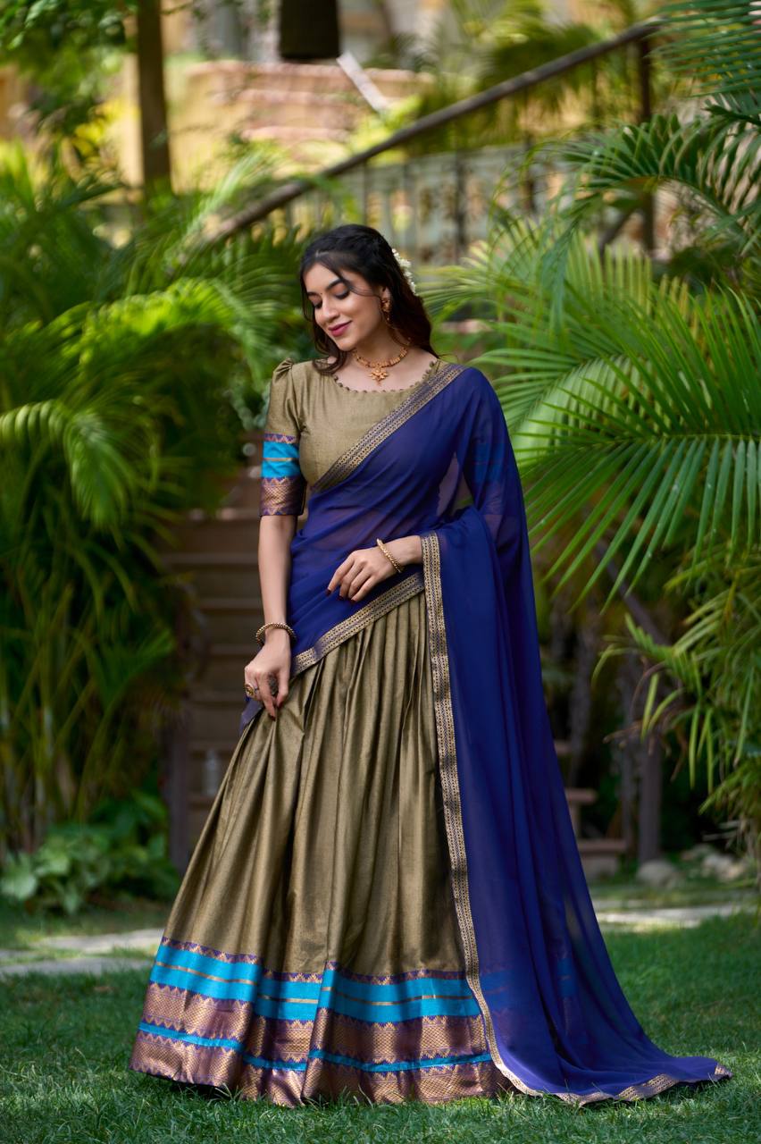 South Style Poly Cotton Half Saree style Leheng with Elegant Georgette Dupatta