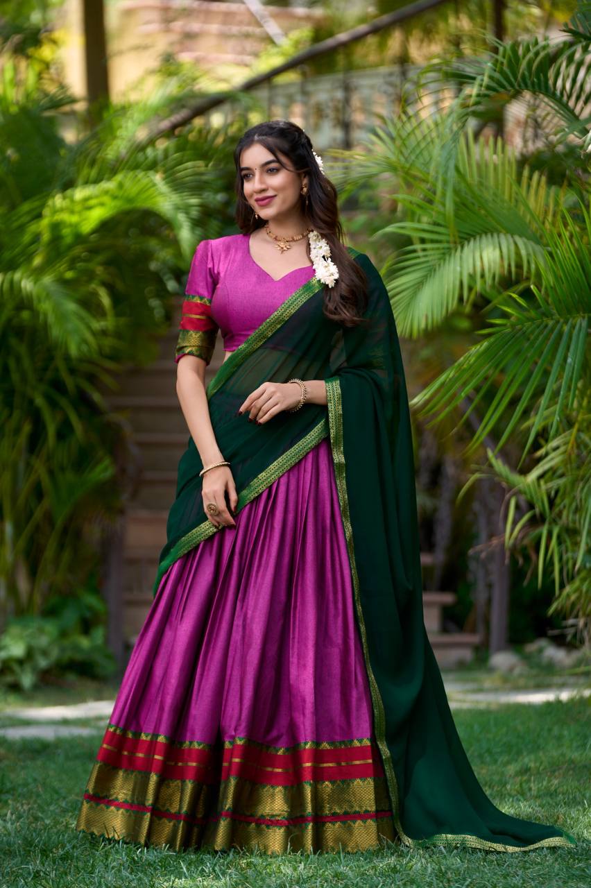 South Style Poly Cotton Half Saree style Leheng with Elegant Georgette Dupatta