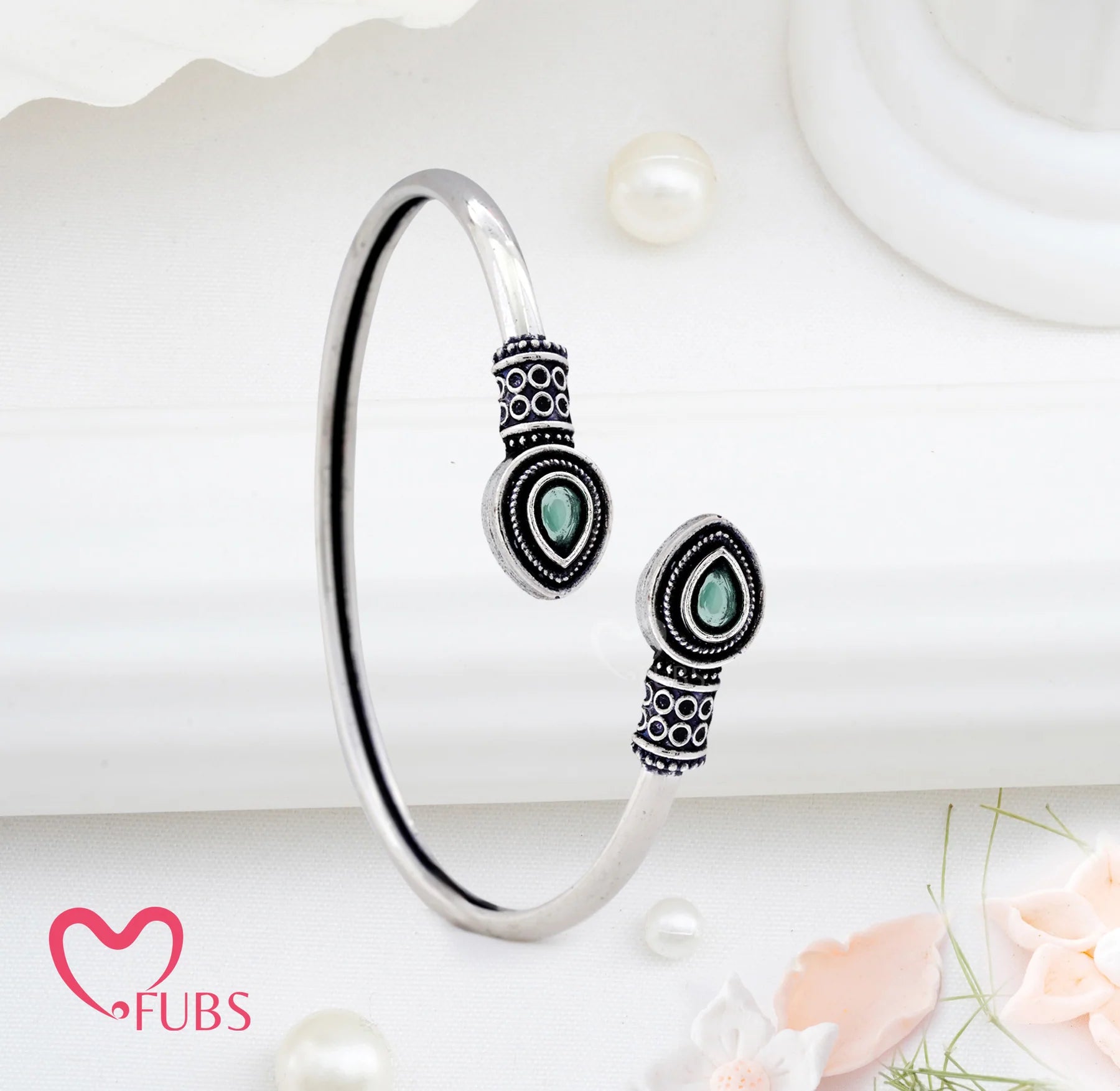 Oxidized Open Bracelet with Teardrop Stone