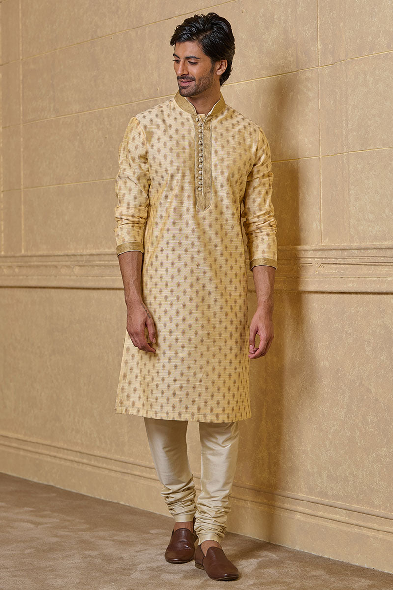 Gold Jacquard Kurta Set With Top Stitching