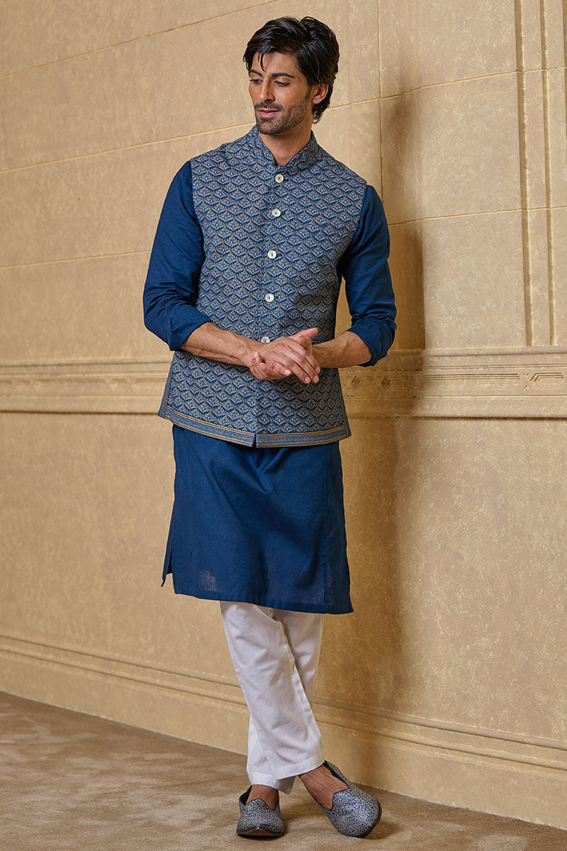 Medium Blue All Over Printed Kurta Bundi Set