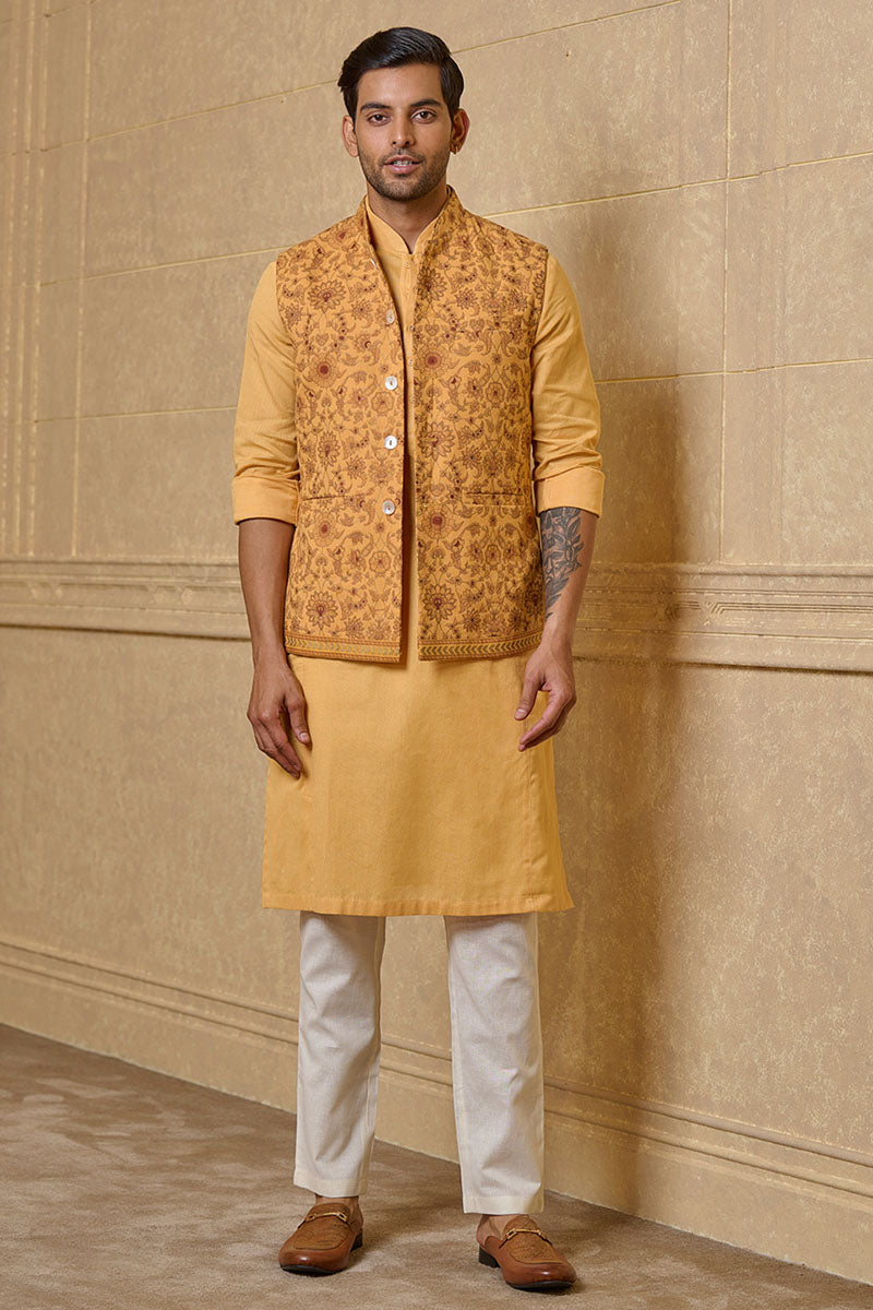 Yellow Ochre Floral Printed Kurta Bundi Set