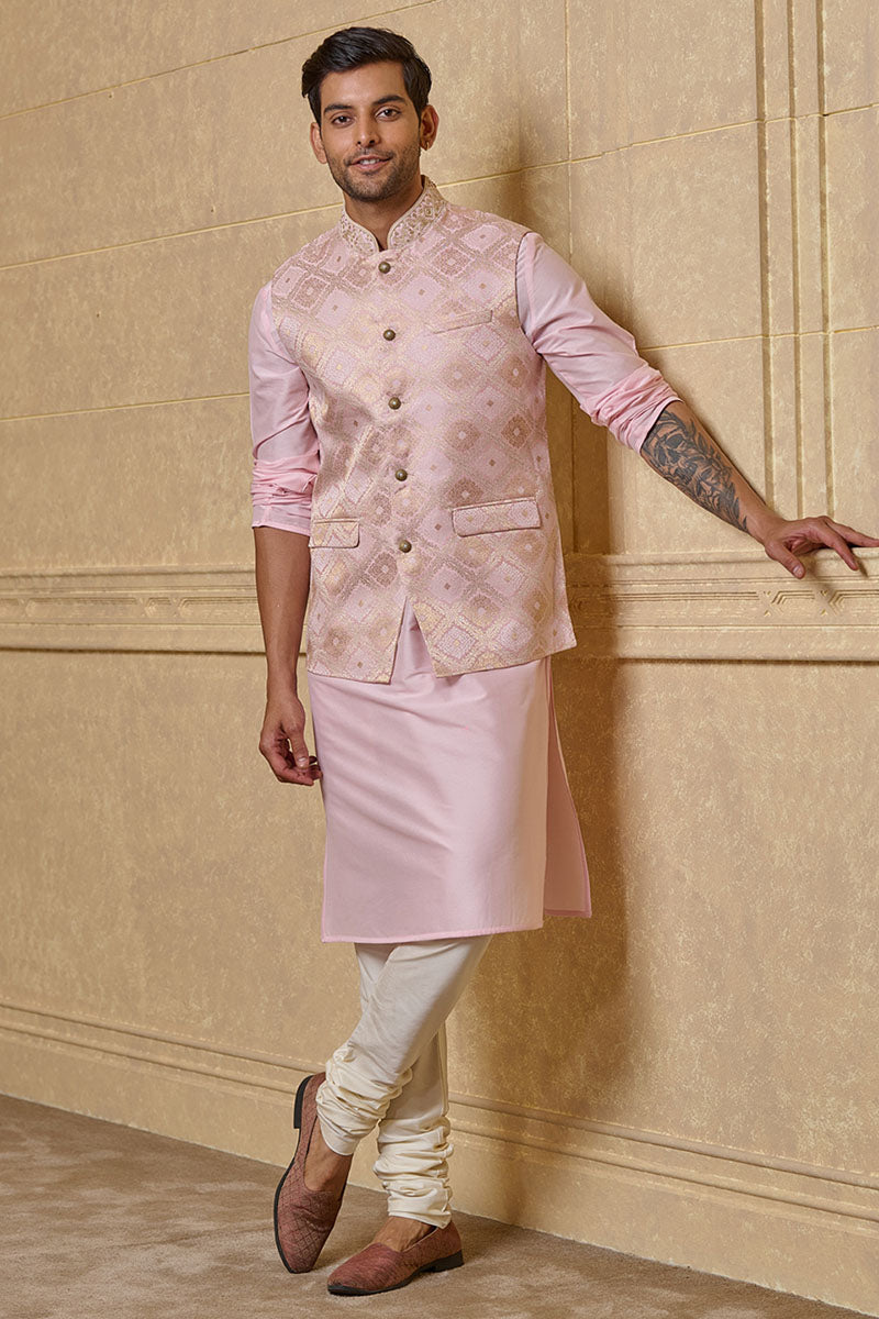 Pink Geometrical Brocade Kurta Bundi Set