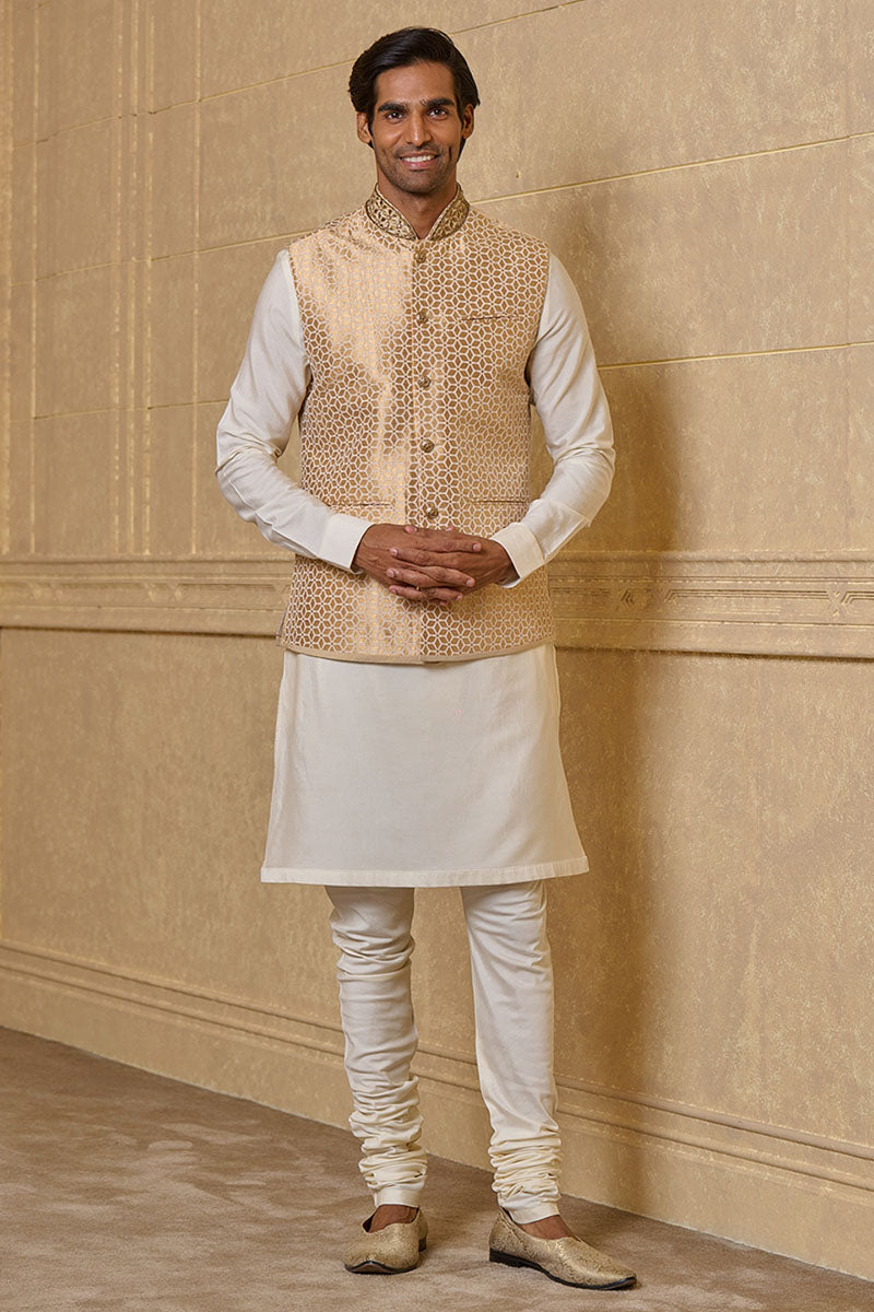 Gold Kurta Bundi Set In Fine Brocade