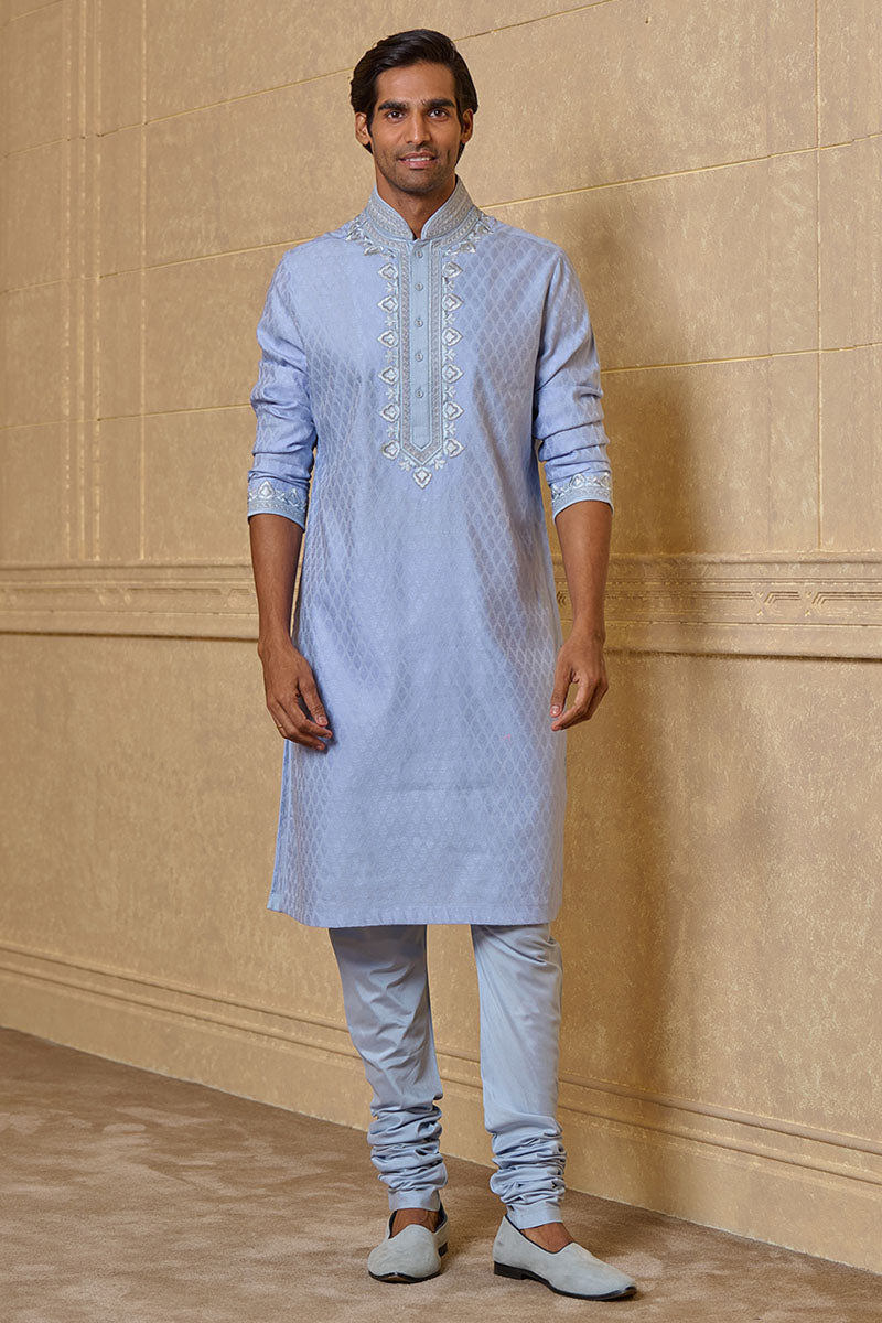 Lt.Blue Cotton Jacquard Kurta Set With Embroidery Details