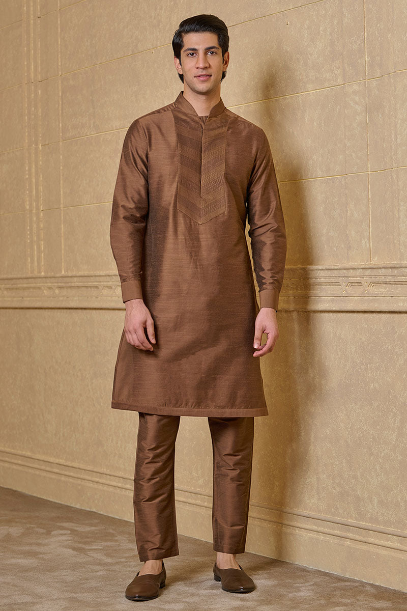 Brown Kurta Set With Pintuck Yoke